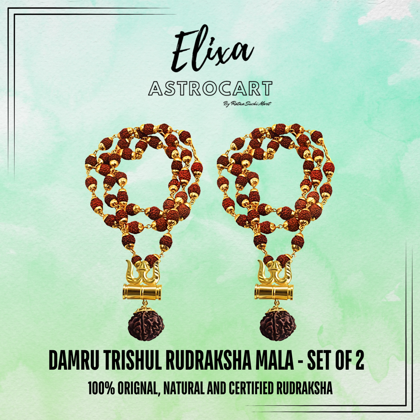 Damru Trishul Rudraksha Mala(Set of 2) [Certified | Abhimantrit - Energized | 100% Original and Natural]